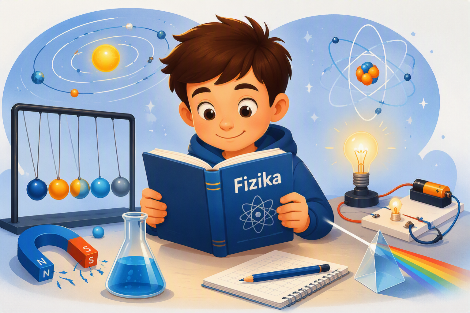 Ilustracija dečaka koji uči fiziku